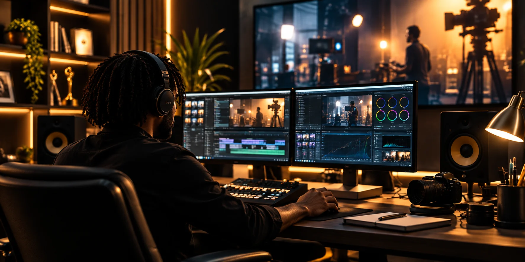 Video editor at a colour-grading suite in a warmly lit editing studio