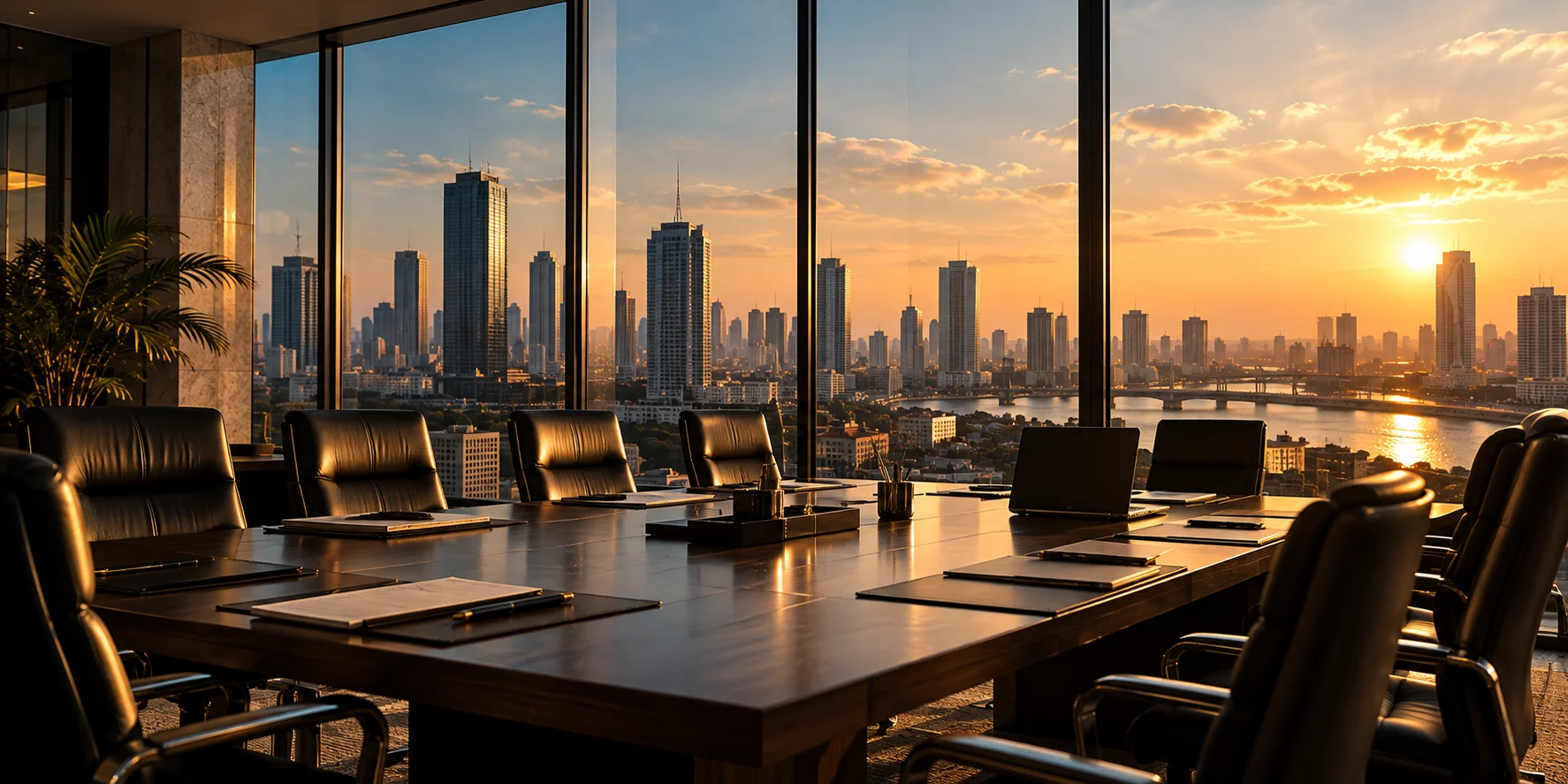Boardroom overlooking the city skyline at golden hour