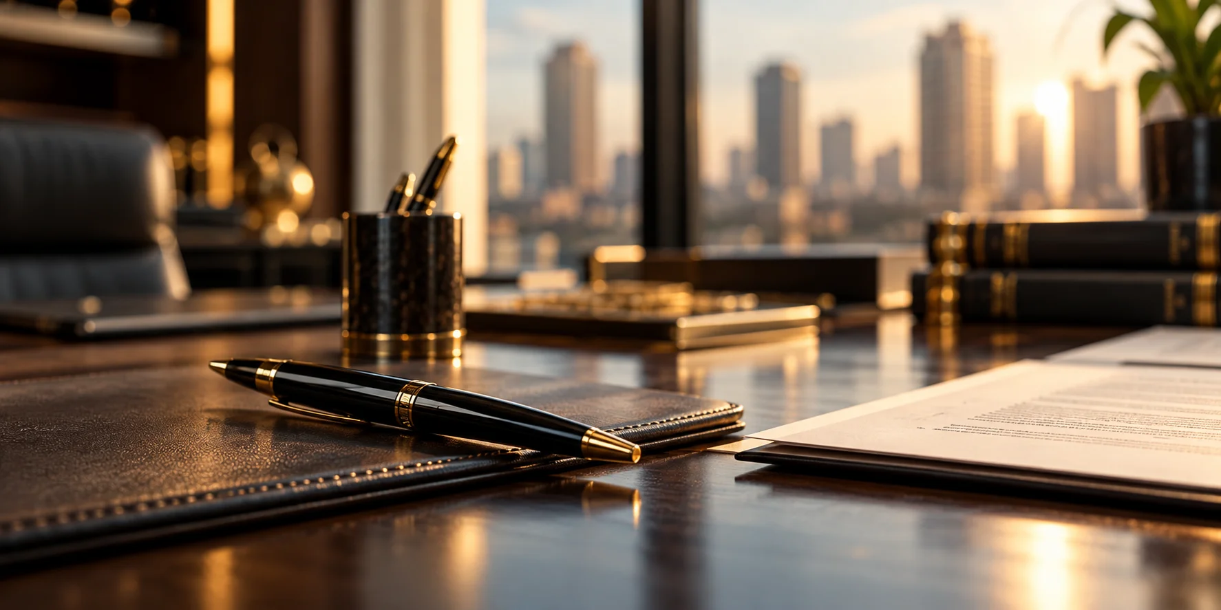 Fountain pen and documents on an executive desk at golden hour