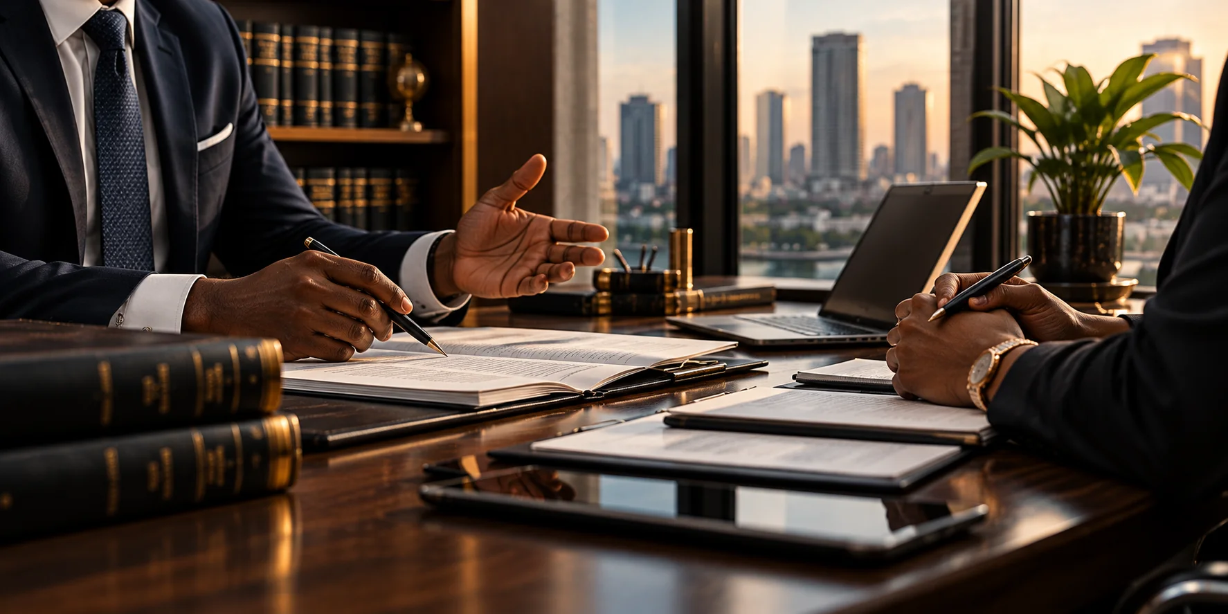Counsel reviewing documents with a client in an office overlooking the city at sunset