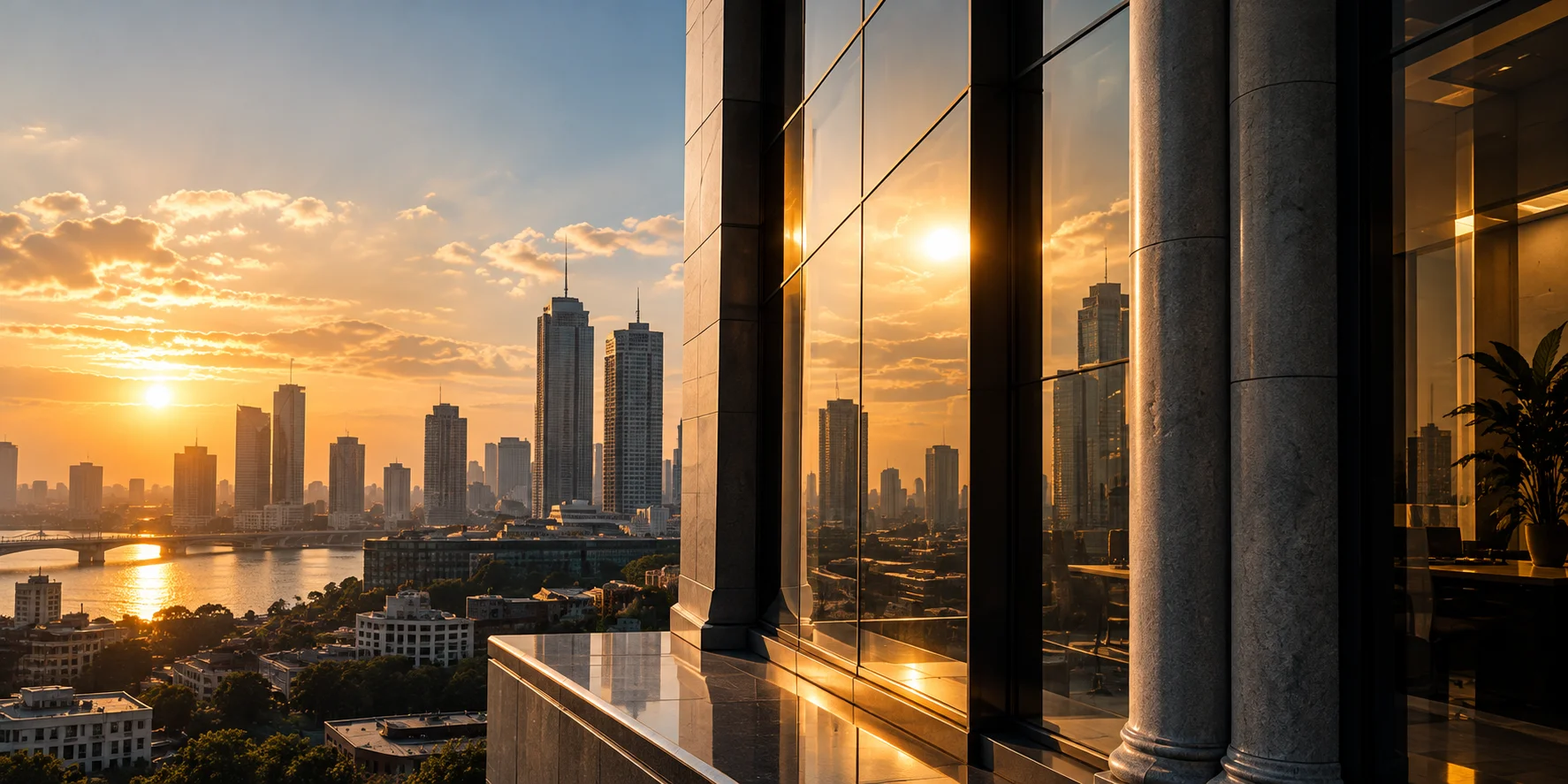 City skyline at golden hour, reflected in the glass of an office tower