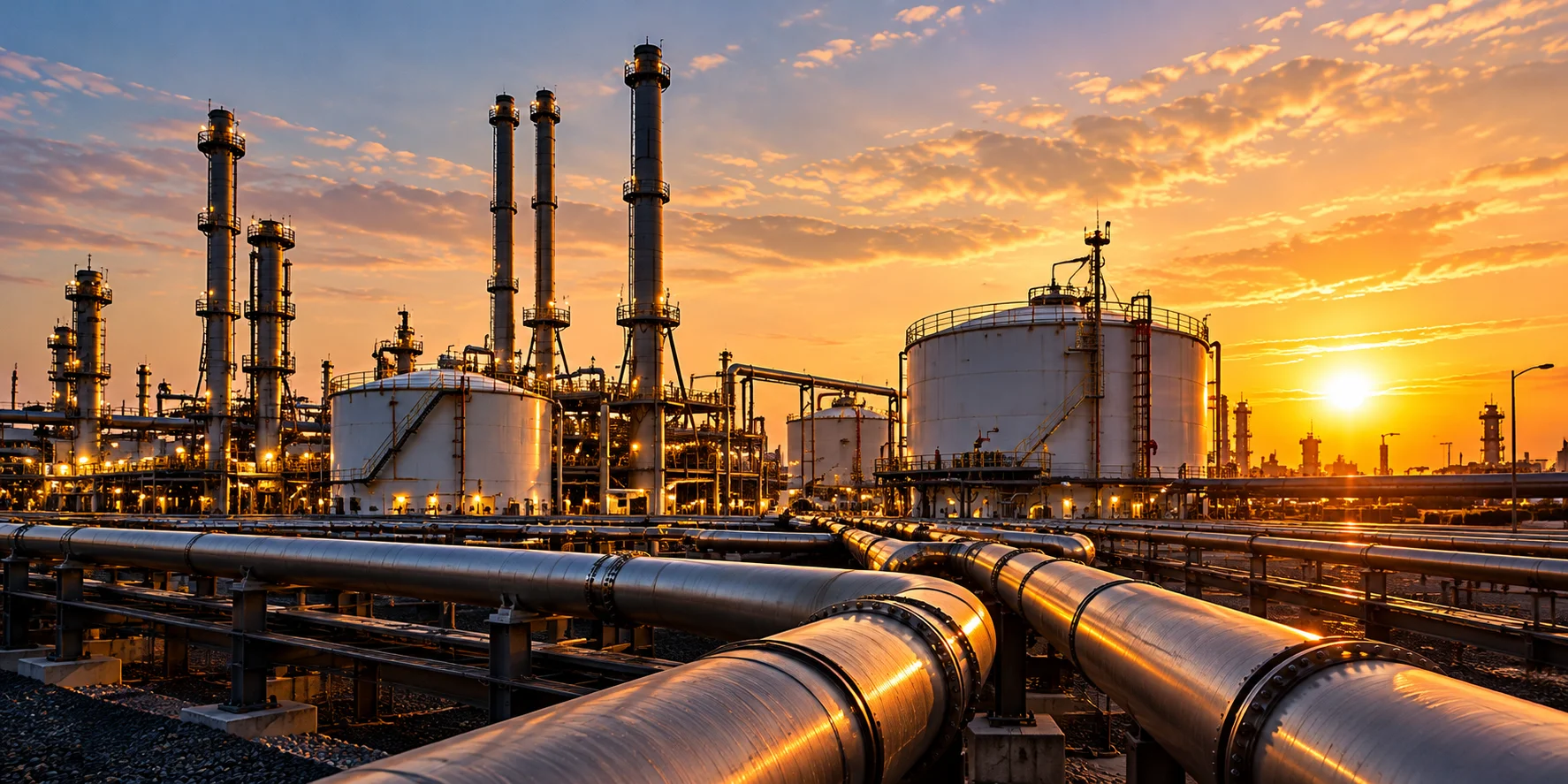 Refinery towers, pipelines and storage tanks at sunset
