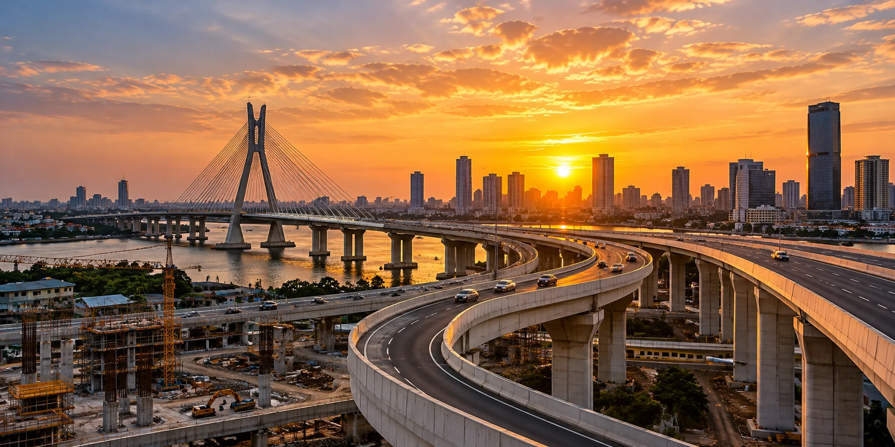 Elevated expressway and bridge leading towards a city skyline at sunset