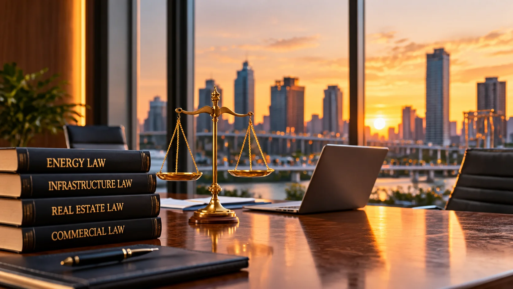 Law books, scales and a laptop on a desk overlooking the city skyline at sunset