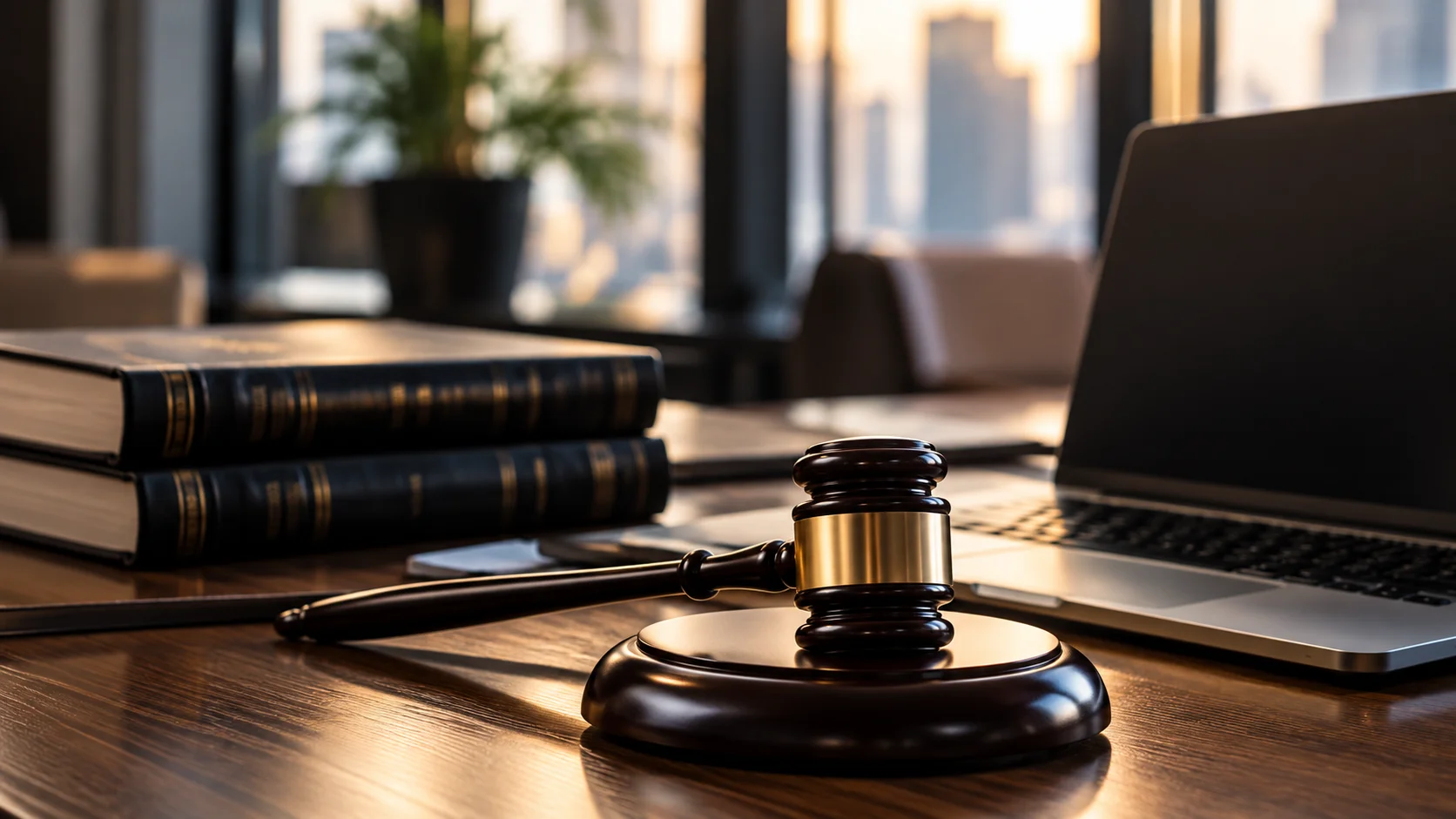 Gavel, law books and a laptop on an executive desk in warm light
