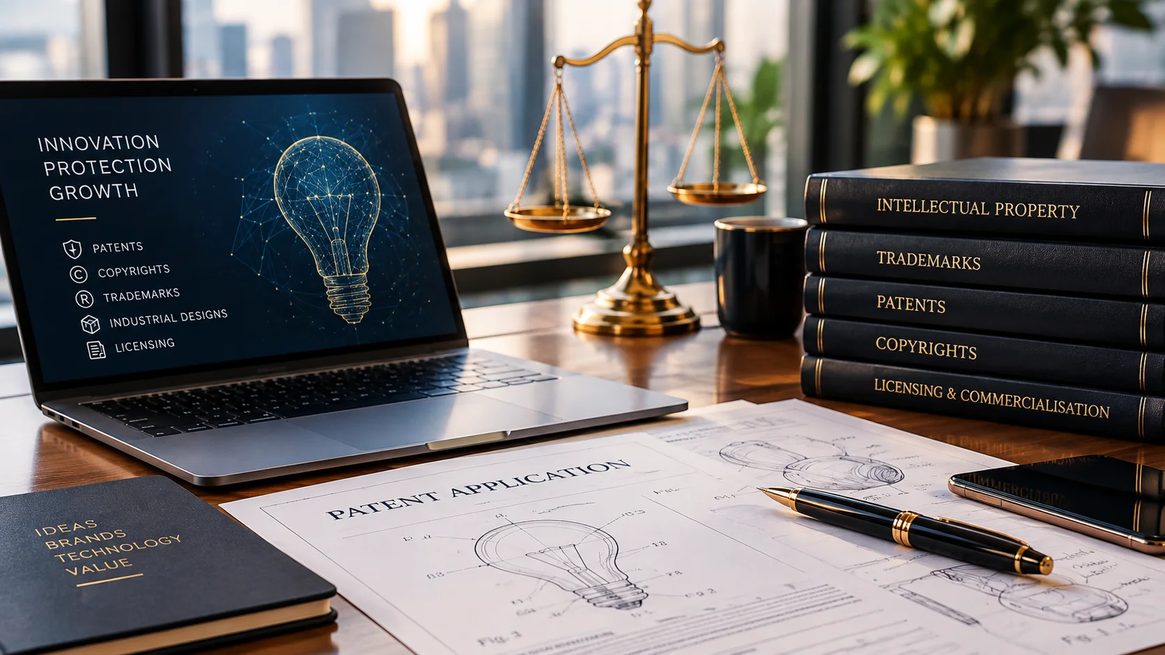 Laptop, brass scales, intellectual property reference books and a patent application on a desk