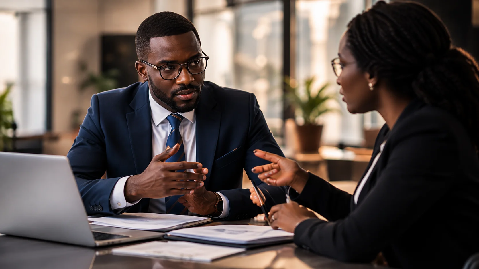 Two professionals in a focused discussion at a meeting table