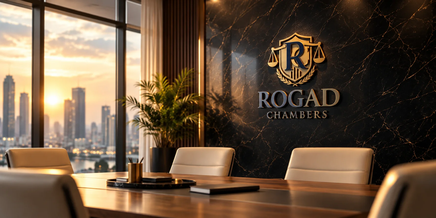 Rogad Chambers boardroom with the firm's crest on a marble wall and the city skyline at sunset