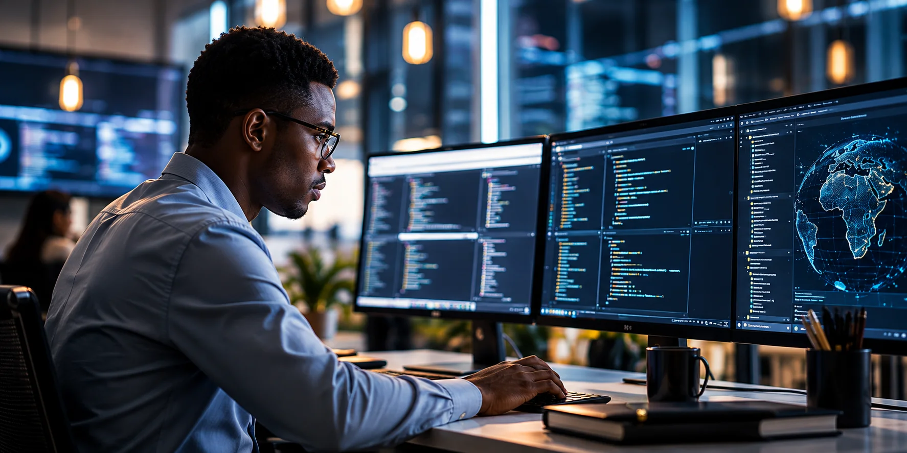 Software developer working at multiple monitors showing code and a digital globe